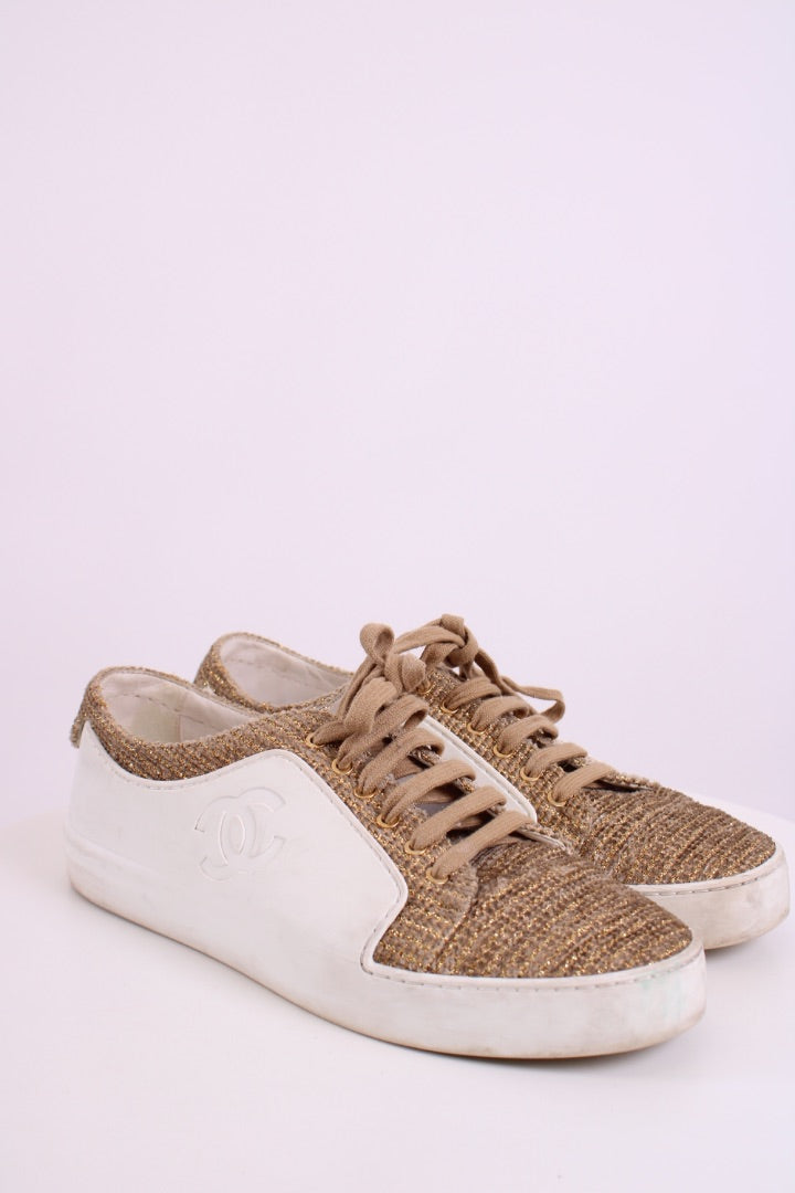 Chanel Tweed Low Top Trainers Gold/ White 40