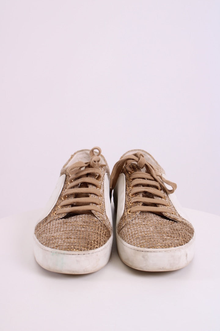 Chanel Tweed Low Top Trainers Gold/ White 40