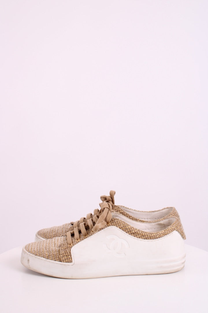 Chanel Tweed Low Top Trainers Gold/ White 40