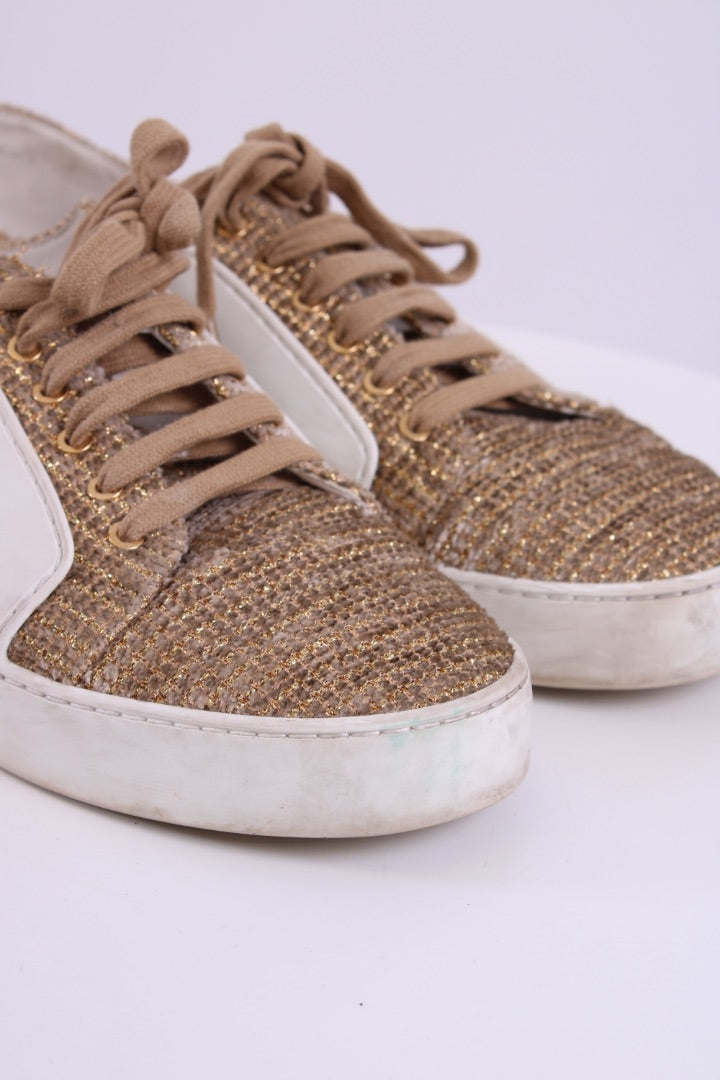 Chanel Tweed Low Top Trainers Gold/ White 40
