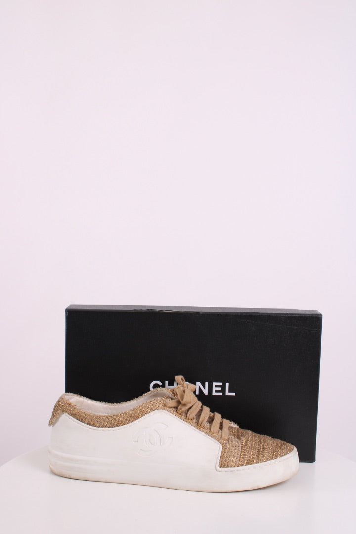 Chanel Tweed Low Top Trainers Gold/ White 40