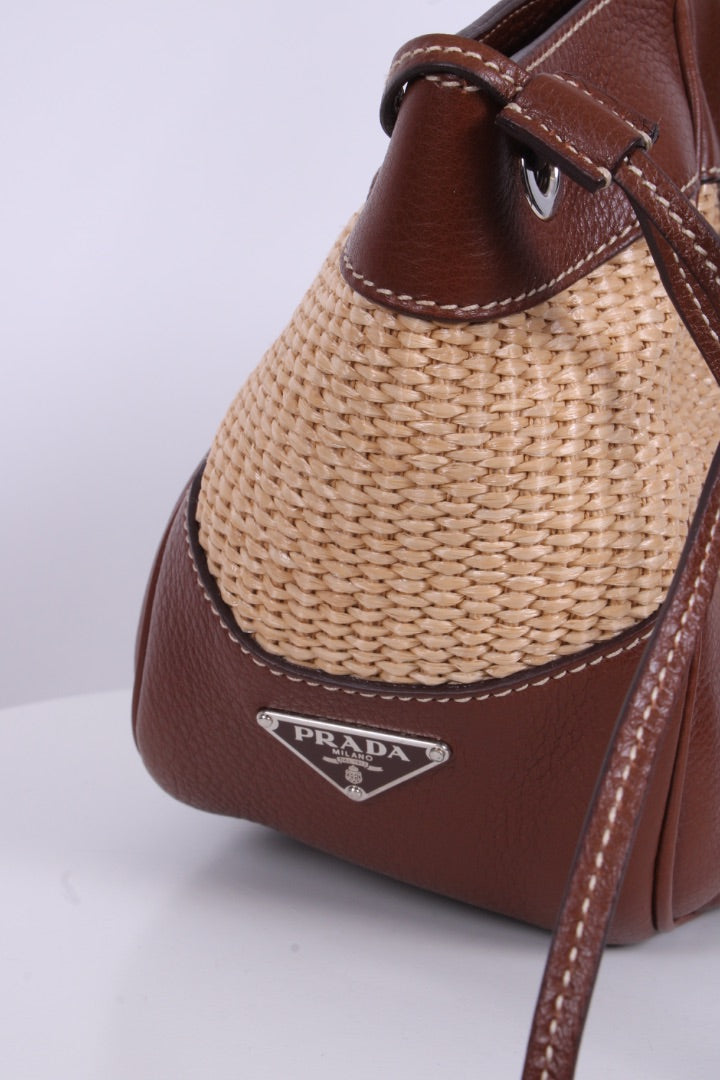 Prada Vitello Daino Straw Handbag Brown
