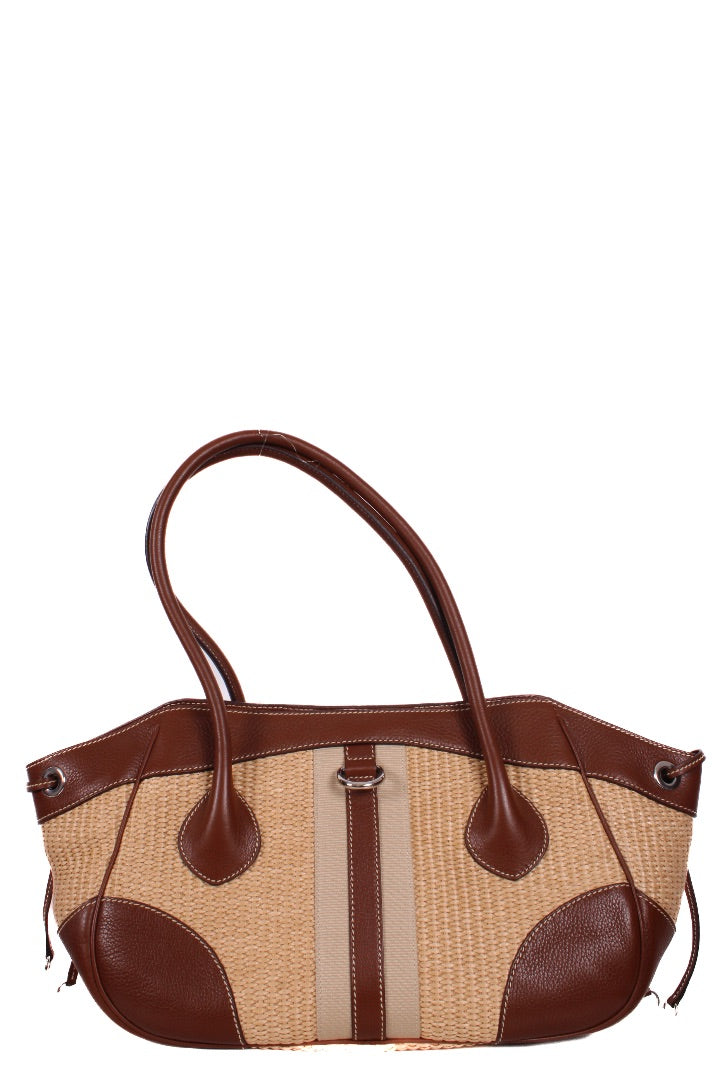Prada Vitello Daino Straw Handbag Brown