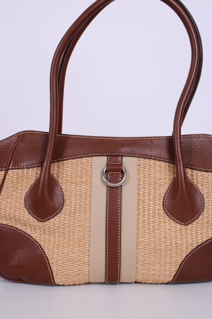 Prada Vitello Daino Straw Handbag Brown