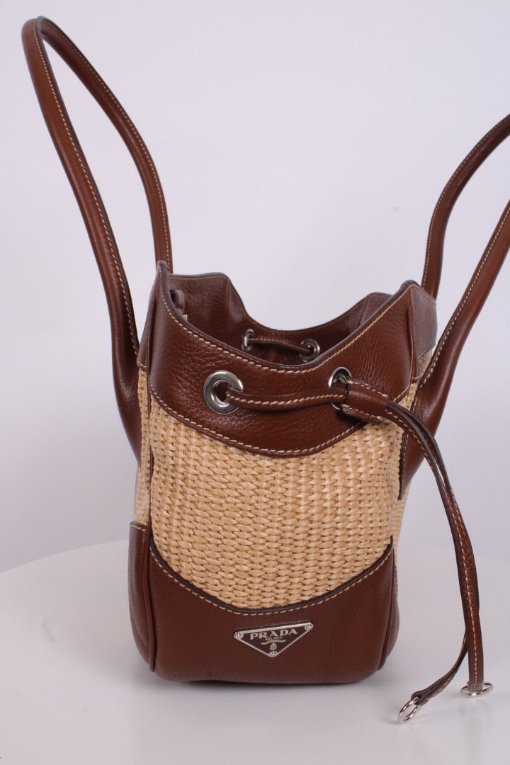 Prada Vitello Daino Straw Handbag Brown