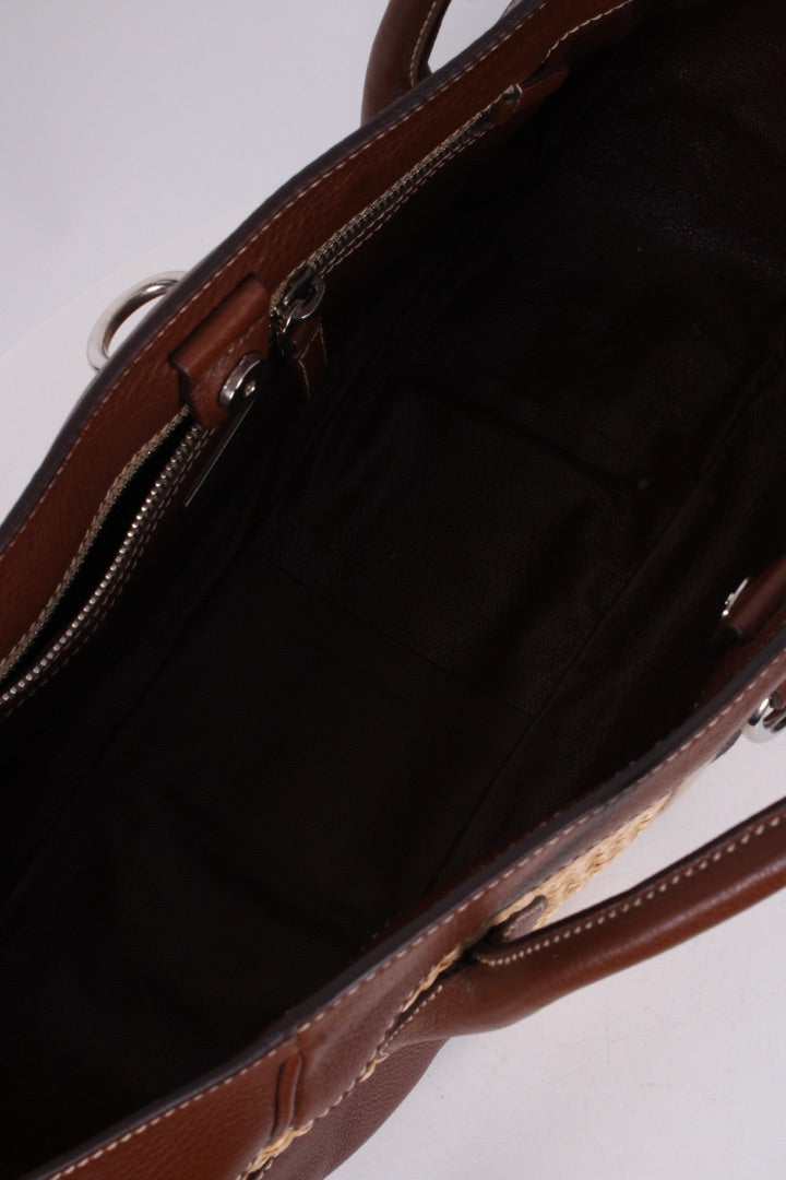 Prada Vitello Daino Straw Handbag Brown