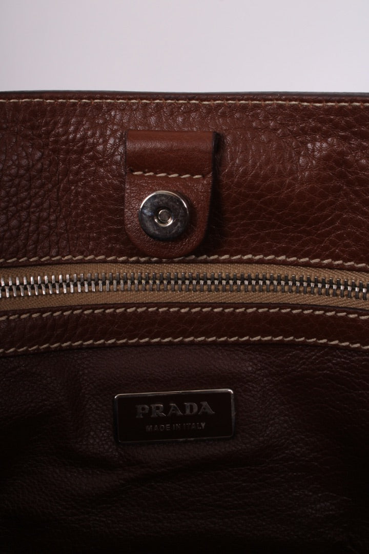 Prada Vitello Daino Straw Handbag Brown