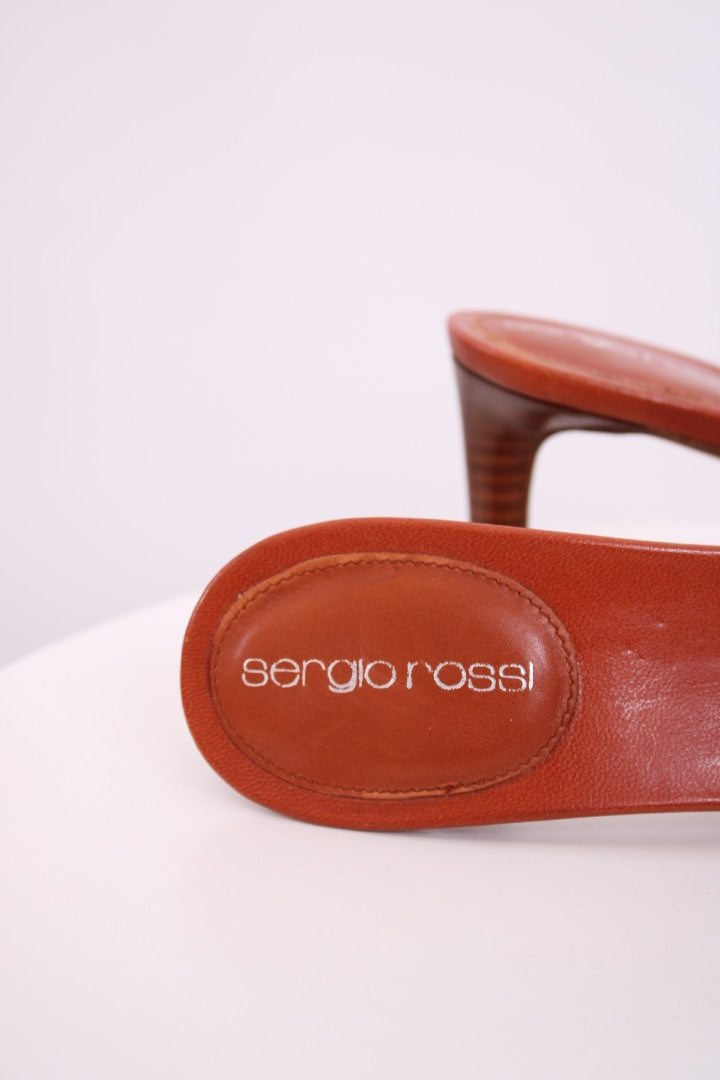 Sergio Rossi Peep Toe Mule Heels Tan 37.5