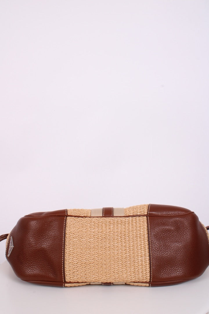 Prada Vitello Daino Straw Handbag Brown