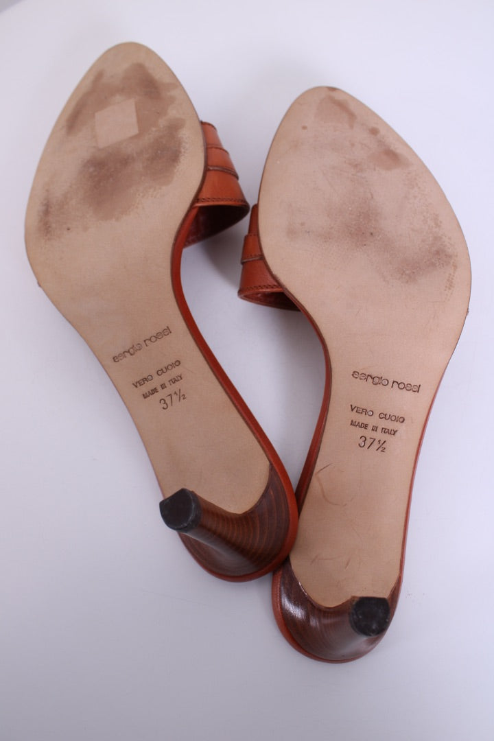 Sergio Rossi Peep Toe Mule Heels Tan 37.5