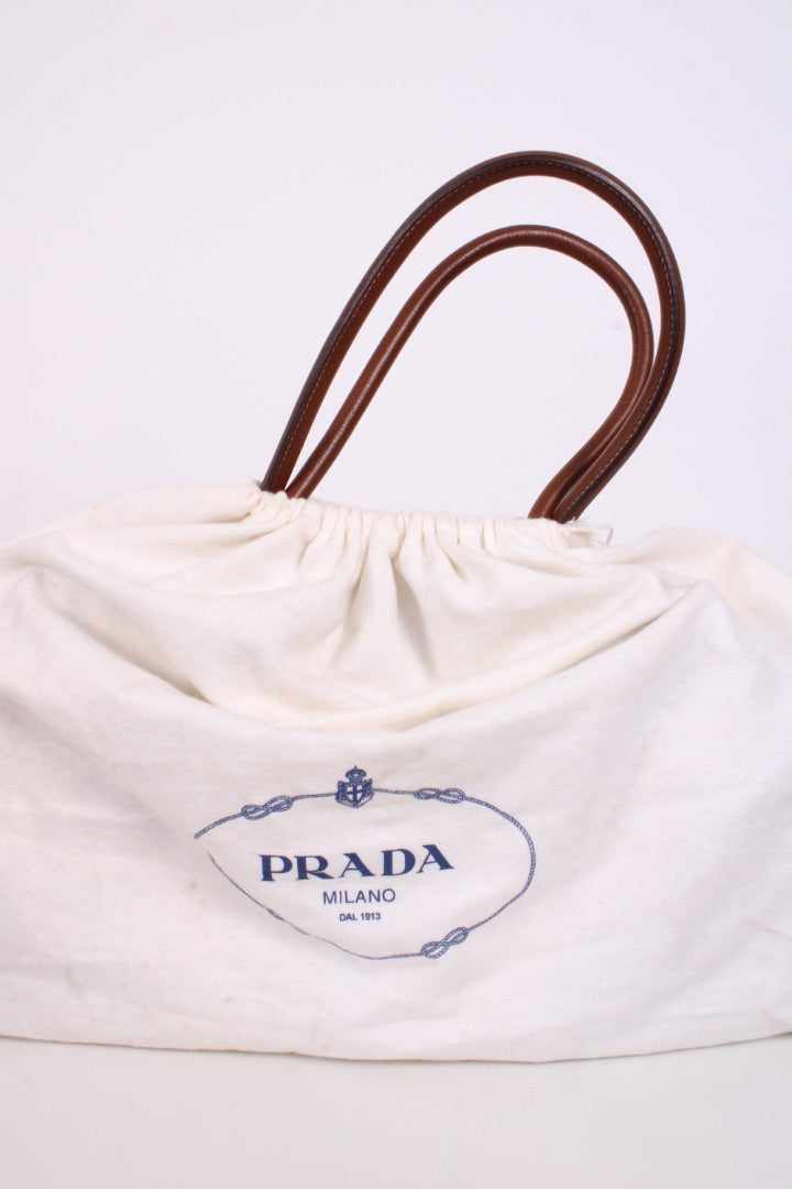 Prada Vitello Daino Straw Handbag Brown