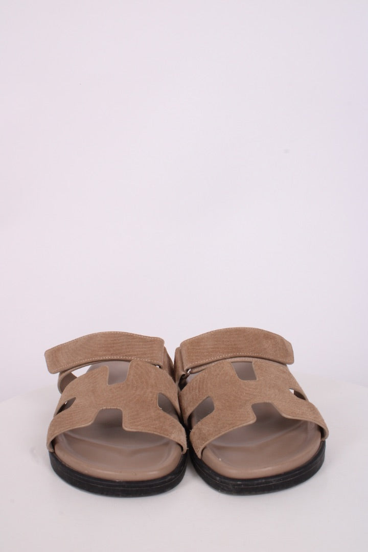 Hermes Chypre Suede Sandals Beige Sable 39