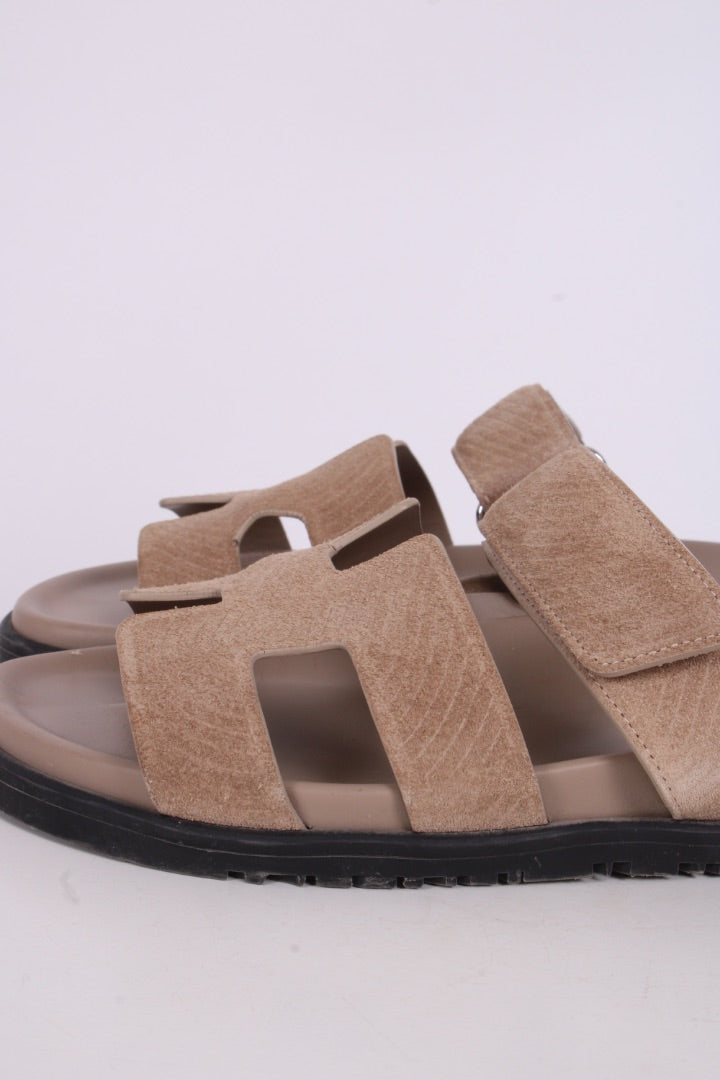 Hermes Chypre Suede Sandals Beige Sable 39