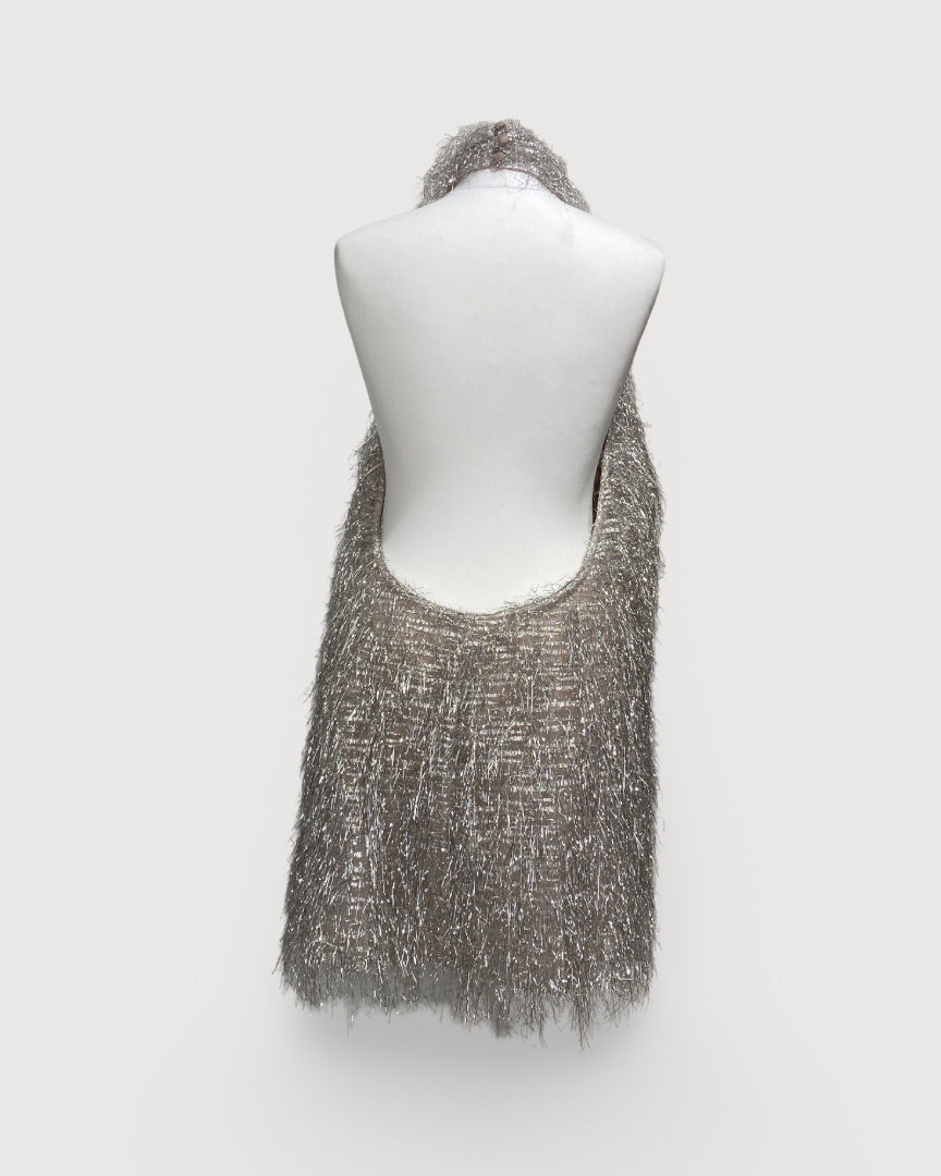 Silver Taller Marmo Tinsel Halter Dress, M