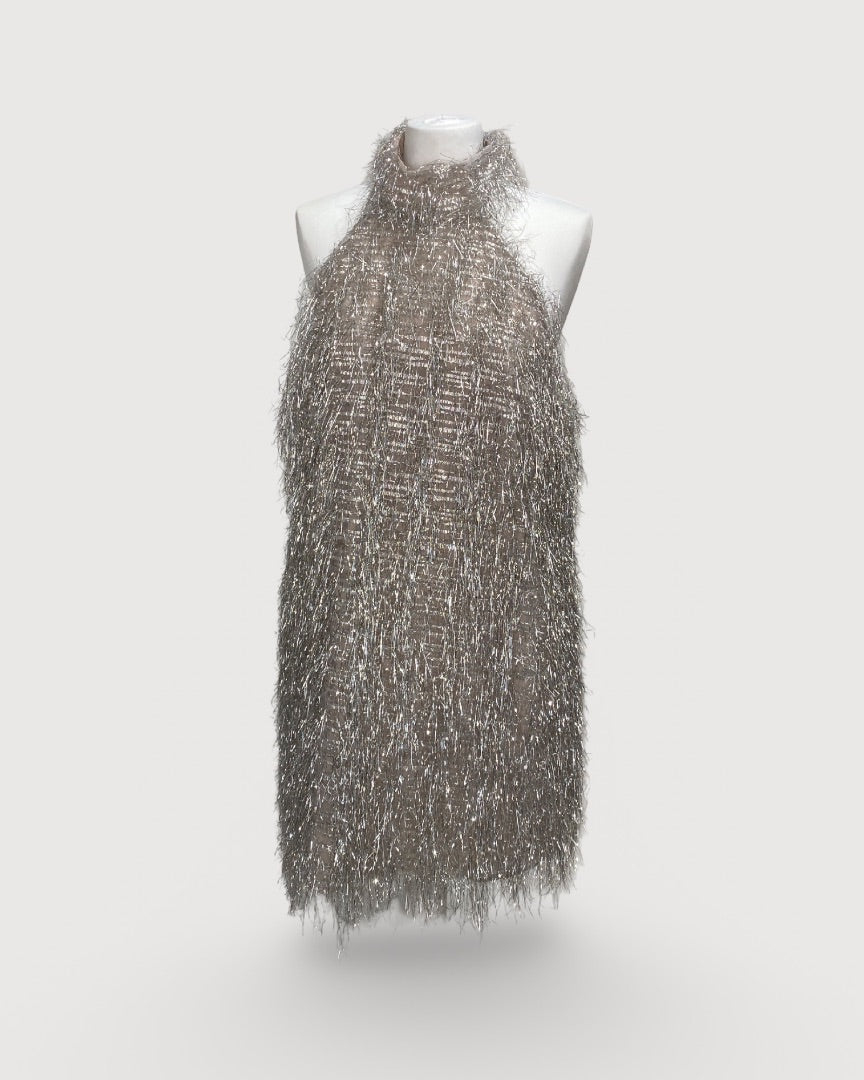 Silver Taller Marmo Tinsel Halter Dress, M