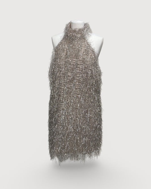 Silver Taller Marmo Tinsel Halter Dress, M