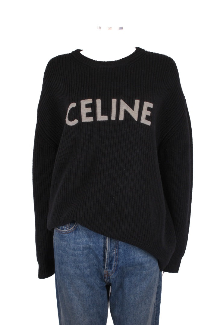 Celine L/S Ribbed Knit Logo Jumper Black M