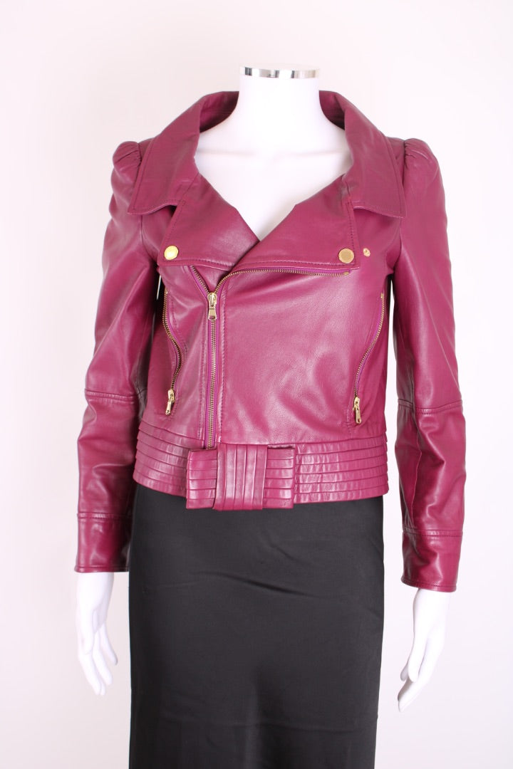 Red Valentino Puff Shoulder Leather Jacket Plum S