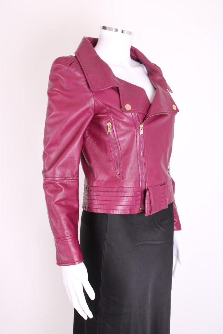Red Valentino Puff Shoulder Leather Jacket Plum S