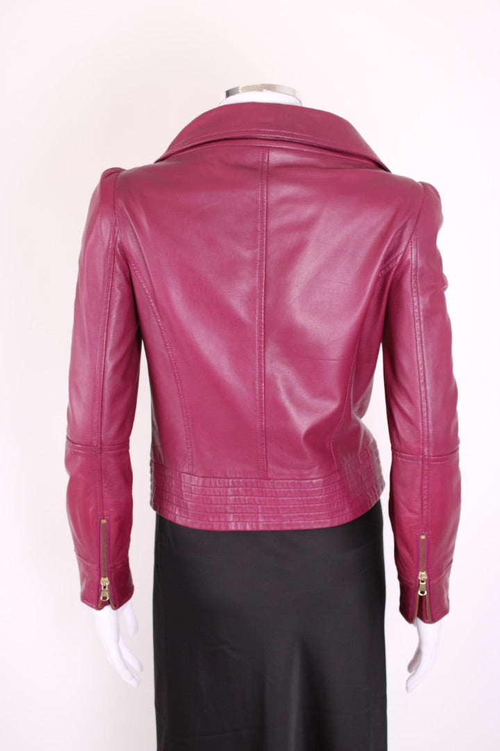 Red Valentino Puff Shoulder Leather Jacket Plum S