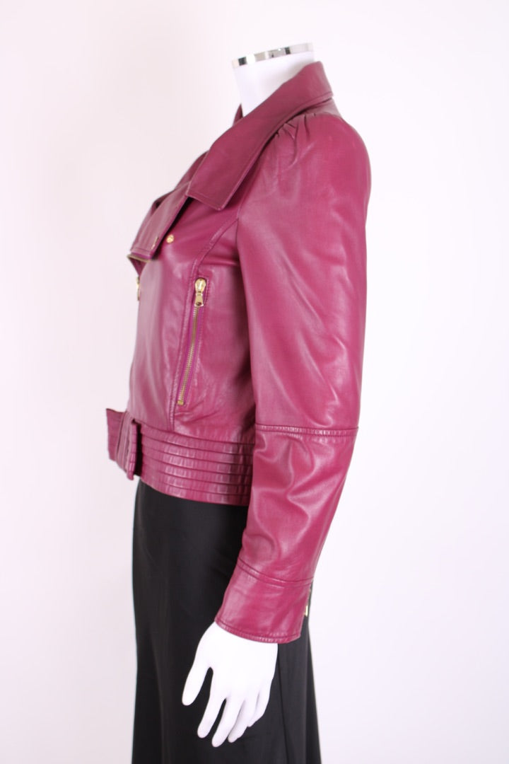Red Valentino Puff Shoulder Leather Jacket Plum S