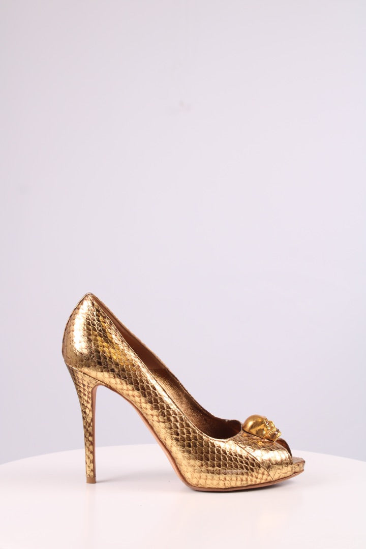 Alexander McQueen Gold Skull peep toe heels Gold 38.5