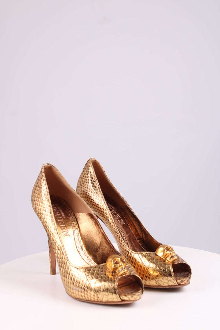 Alexander McQueen Gold Skull peep toe heels Gold 38.5