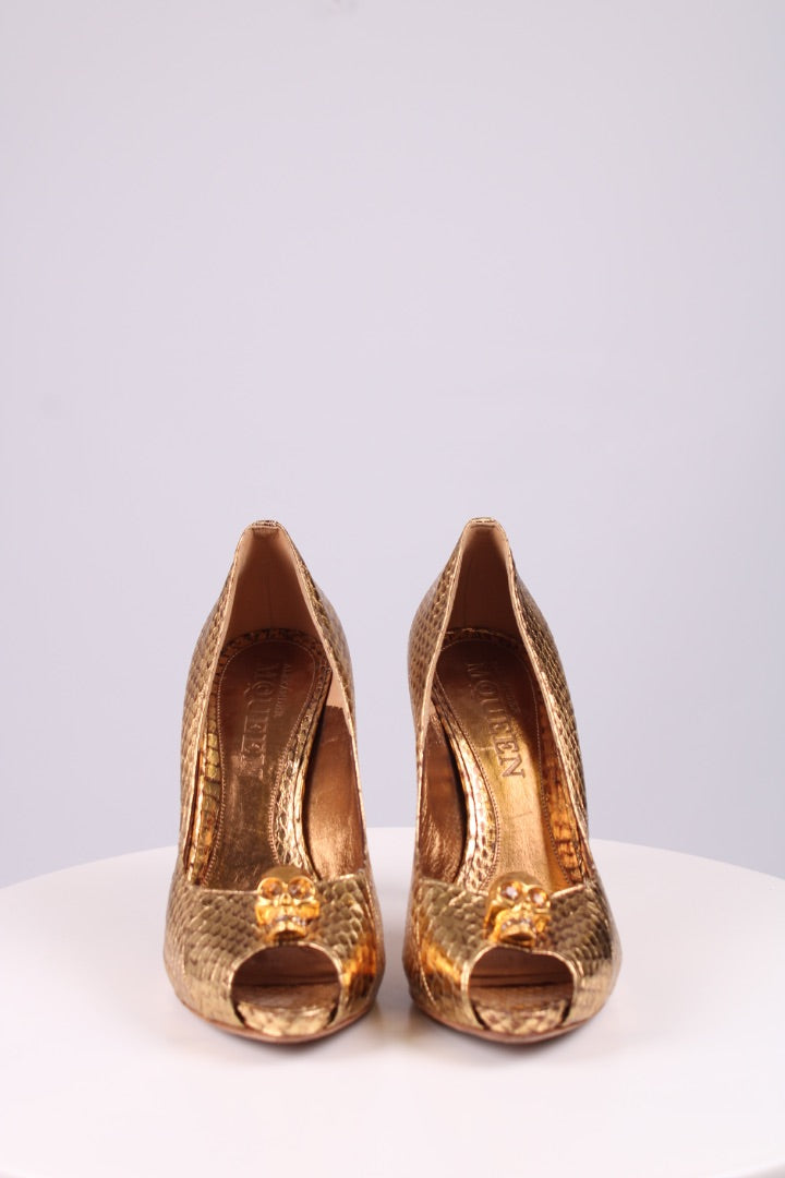 Alexander McQueen Gold Skull peep toe heels Gold 38.5