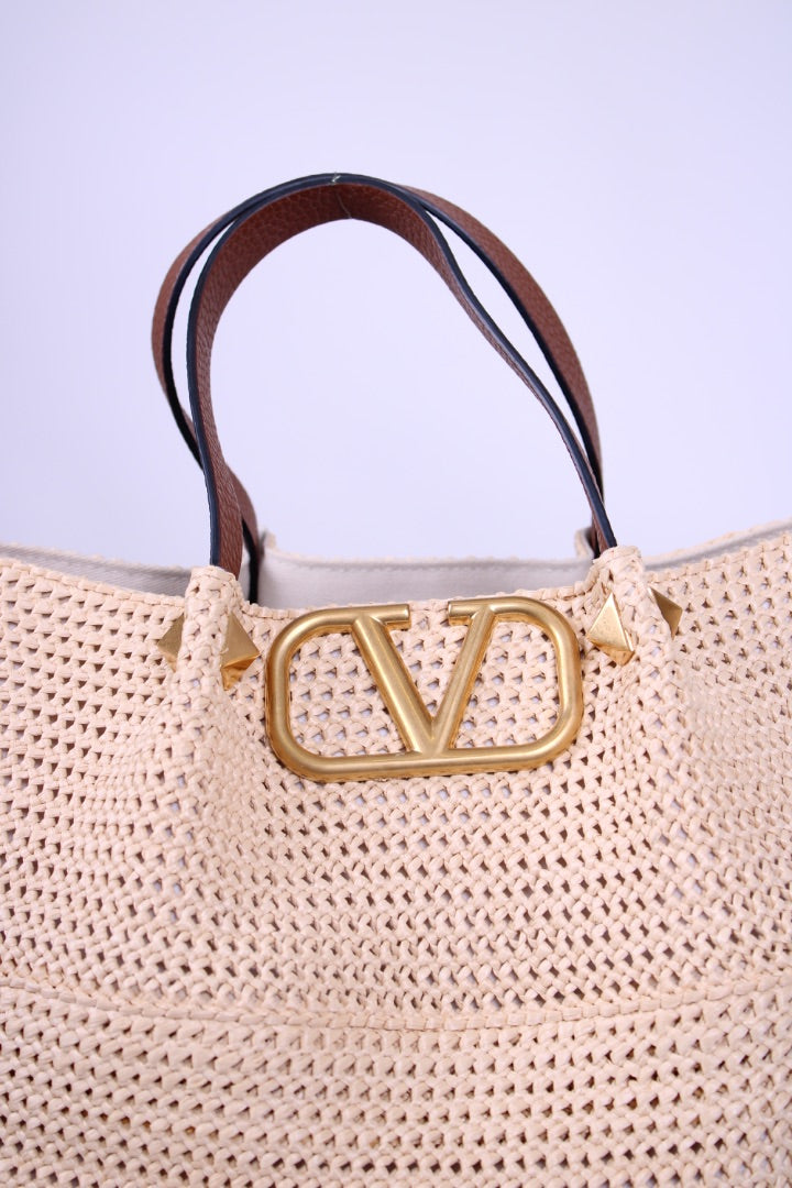 Valentino V Logo Raffia Tote Bag Straw/ Brown