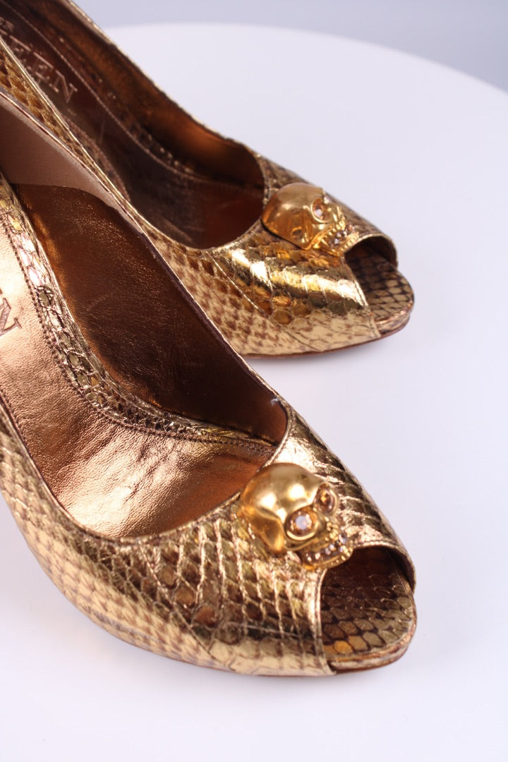 Alexander McQueen Gold Skull peep toe heels Gold 38.5