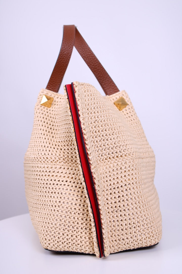 Valentino V Logo Raffia Tote Bag Straw/ Brown