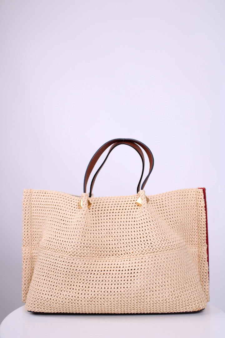 Valentino V Logo Raffia Tote Bag Straw/ Brown