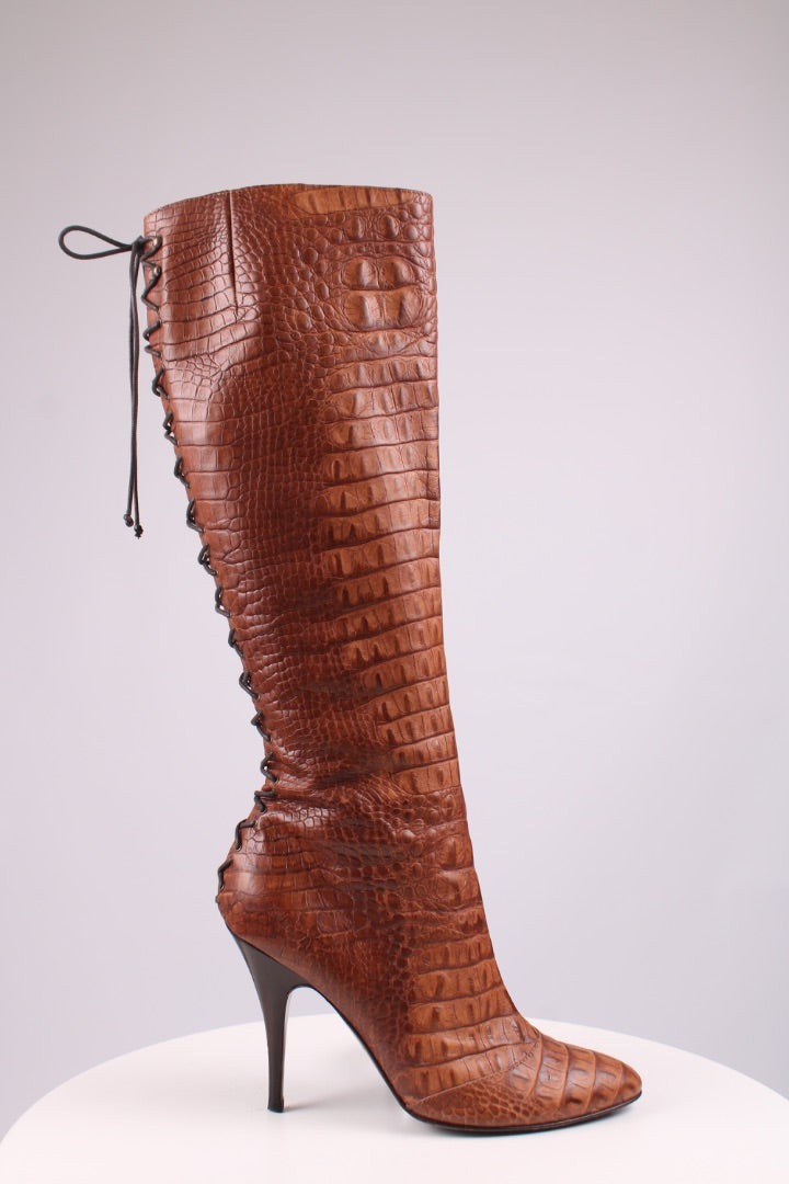 Giuseppe Zanotti Croc lace up knee high heel boots Tan 39.5