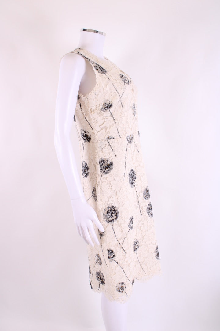 Valentino S/S Dandelion Print Lace Dress Cream/ Grey 14