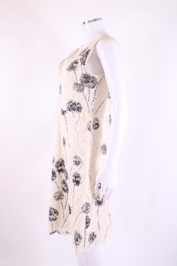 Valentino S/S Dandelion Print Lace Dress Cream/ Grey 14