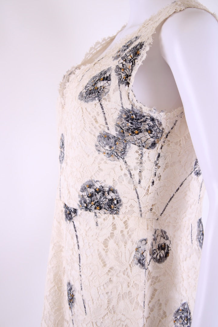 Valentino S/S Dandelion Print Lace Dress Cream/ Grey 14