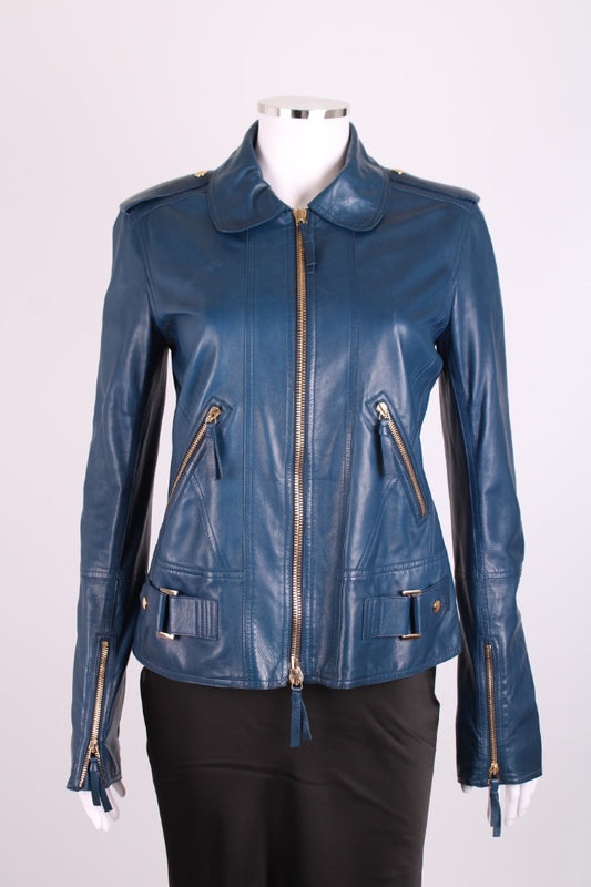 Robert Cavalli Leather Jacket Blue 10
