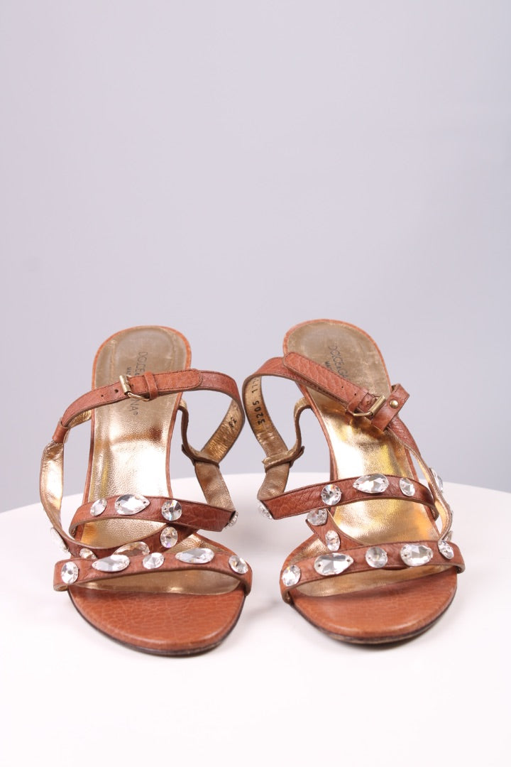 Dolce & Gabbana Crystal Strappy Sandal Heels Tan 39