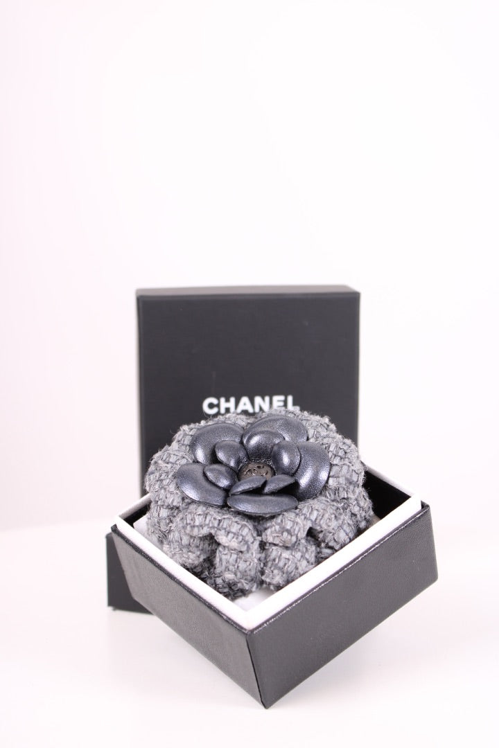 Chanel Tweed Camilia Brooch Grey