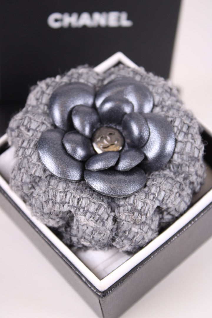 Chanel Tweed Camilia Brooch Grey