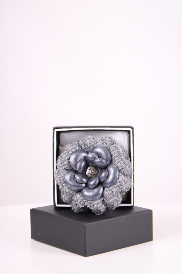 Chanel Tweed Camilia Brooch Grey