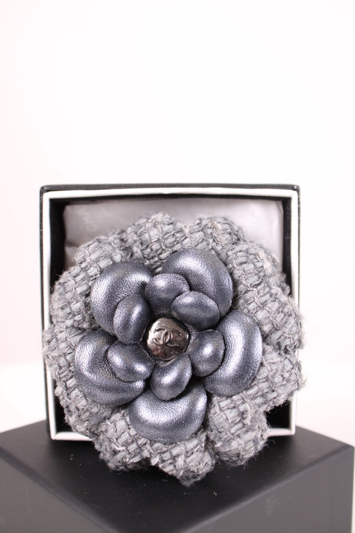 Chanel Tweed Camilia Brooch Grey