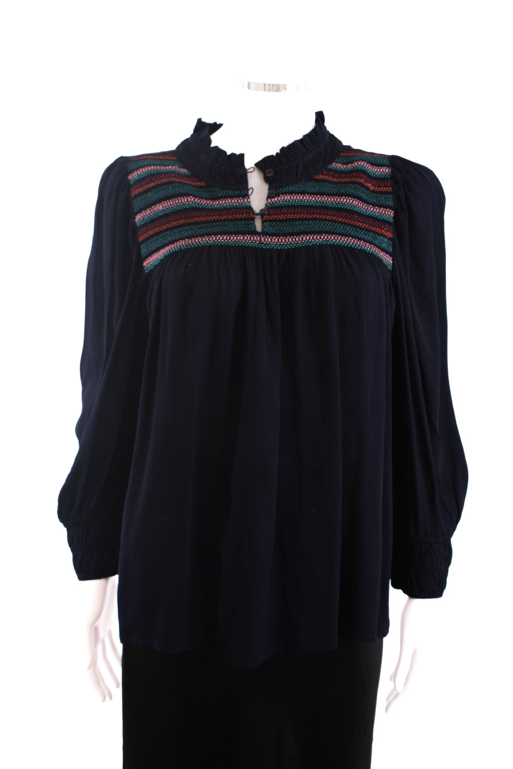 WYSE L/S Embroidered Blouse Navy 10