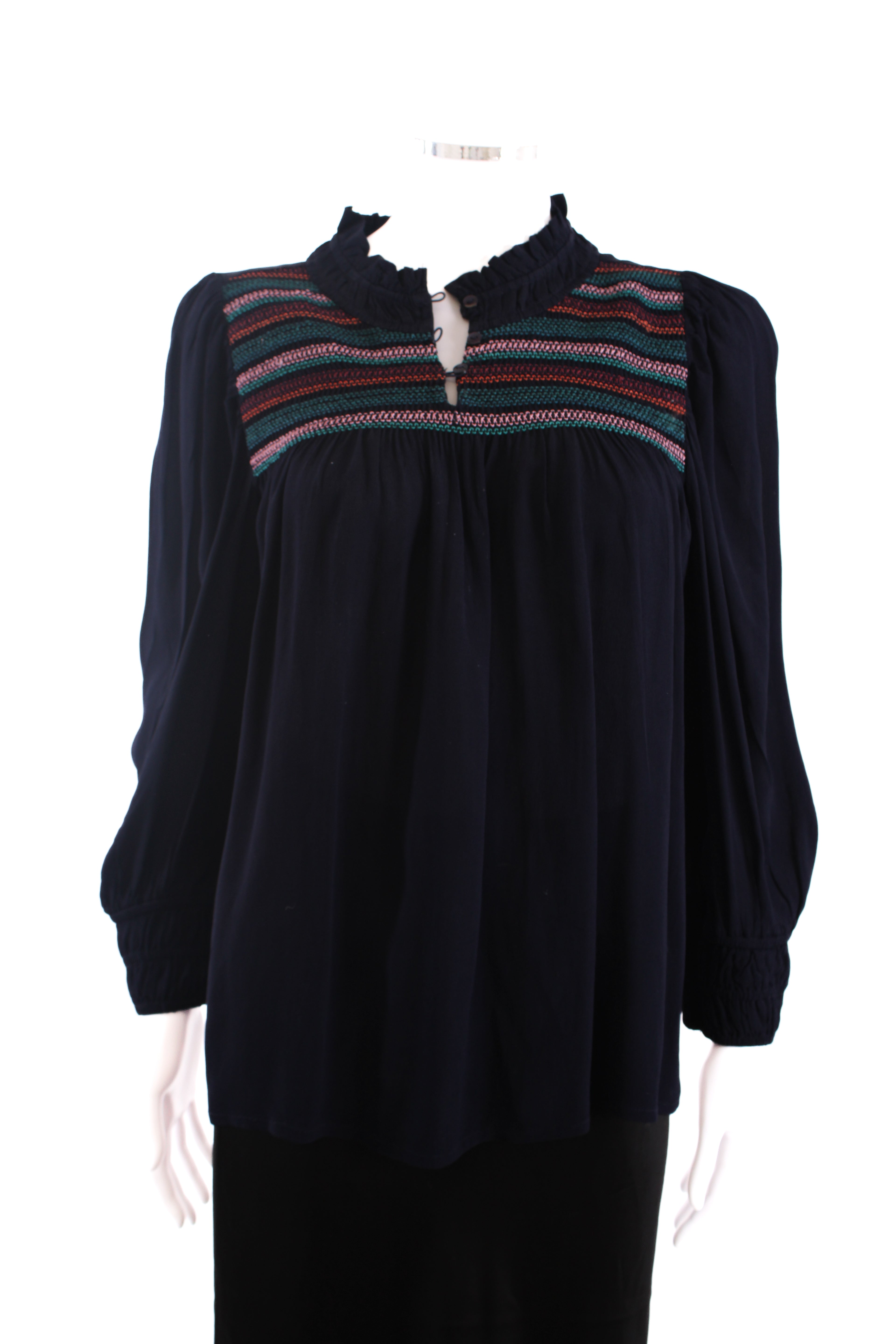 WYSE L/S Embroidered Blouse Navy 10