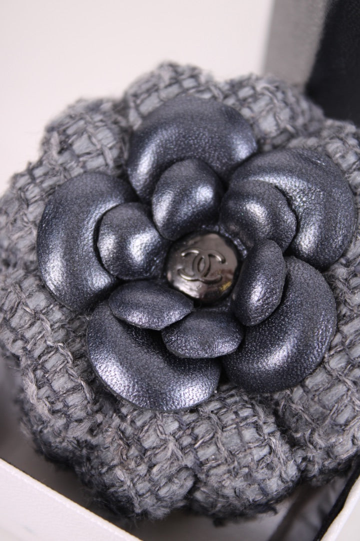 Chanel Tweed Camilia Brooch Grey