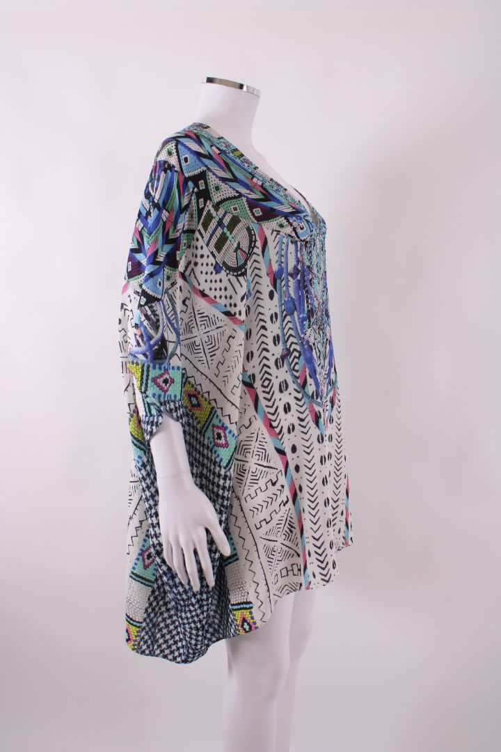 Camilla S/S Aztec Crystal Kaftan Blouse White/ Blue O/S