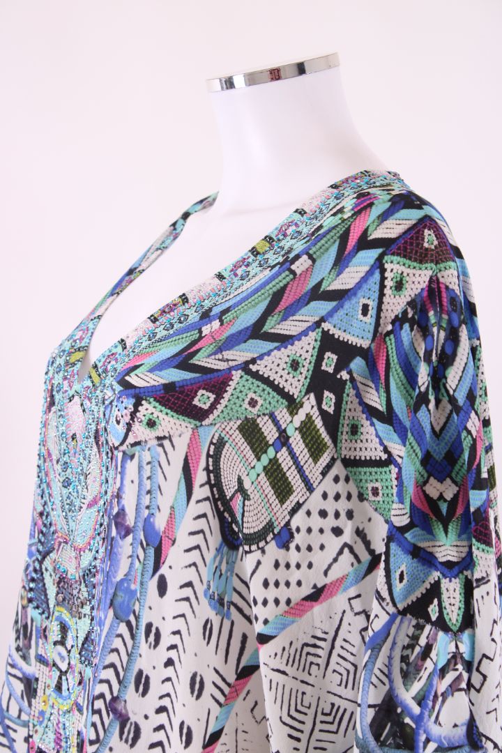 Camilla S/S Aztec Crystal Kaftan Blouse White/ Blue O/S