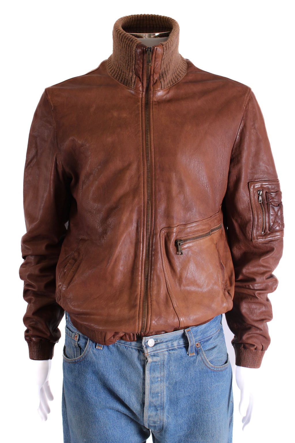 Dolce & Gabbana Ribbed Collar Leather Jacket Camel 54