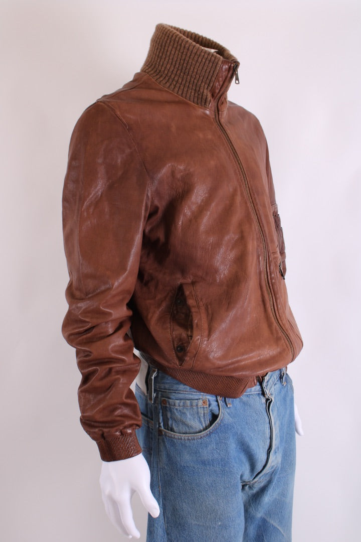 Dolce & Gabbana Ribbed Collar Leather Jacket Camel 54