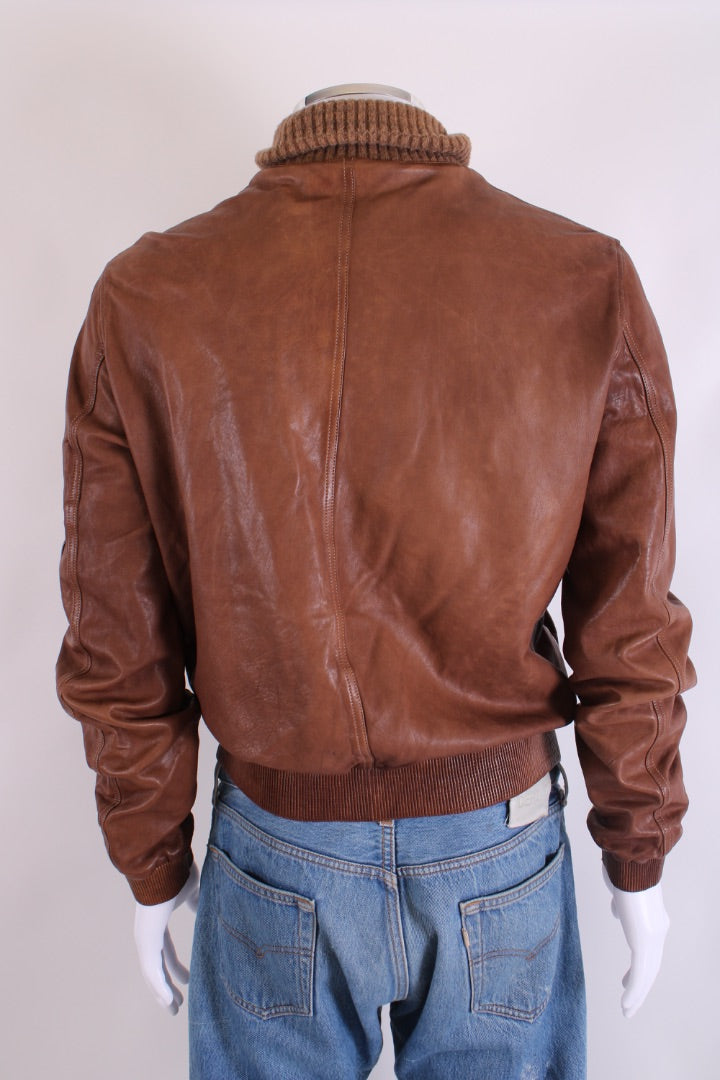 Dolce & Gabbana Ribbed Collar Leather Jacket Camel 54